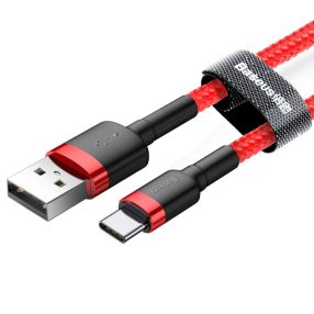   Baseus premium USB-Type C  - 50 cm, 3 Amperes töltés, gyöngyvászon borítás - piros