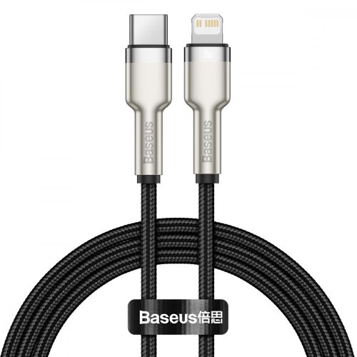 Baseus premium Type-C - Lightning Apple kábel - Fém fej, 25 cm, 20W-os töltés, gyöngyvászon borítás - fekete