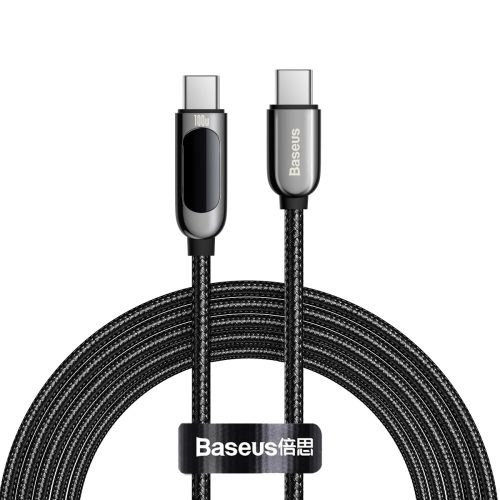 Baseus Type-C to Type-C kábel - 1 méter hossz, 100W töltési teljesítmény, LED-es töltés kijelzés, gyöngyvászon borítás - Fekete