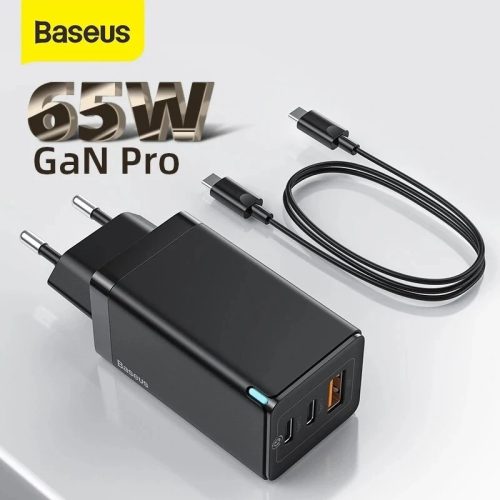 Baseus laptop és telefon GaN gyorstöltő - 65W, 2xPD3.0 + USB A QC3.0 töltés protokollok támogatása
