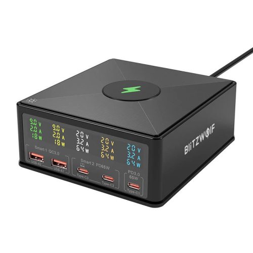 BlitzWolf® 868H 160W asztali USB PD+QC3.0 gyorstöltő, 3x Type-C + 2x USB- A + Qi vezeték nélküli töltőport