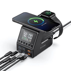   BlitzWolf® BW-FW10 - 240W-os asztali gyorstöltő és ébresztő óra, 6db USB töltőport (Type-C és USB-A) + vezeték nélküli töltés