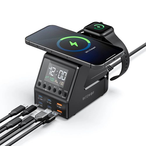 BlitzWolf® BW-FW10 - 240W-os asztali gyorstöltő és ébresztő óra, 6db USB töltőport (Type-C és USB-A) + vezeték nélküli töltés