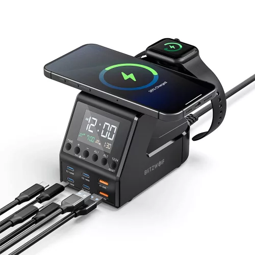 BlitzWolf® BW-FW10 - 240W-os asztali gyorstöltő és ébresztő óra, 6db USB töltőport (Type-C és USB-A) + vezeték nélküli töltés