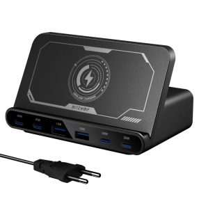   BlitzWolf® BW-S27 - 160W-os asztali gyorstöltő, 6db USB töltőport (Type-C és USB-A) + vezeték nélküli töltés