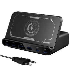   BlitzWolf® BW-S27 - 160W-os asztali gyorstöltő, 6db USB töltőport (Type-C és USB-A) + vezeték nélküli töltés