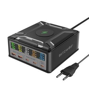   BlitzWolf® BW-S28 260W asztali 5x USB PD+QC3.0 asztali gyorstöltő, 3x Type-C + 2x USB-A + Qi vezeték nélküli töltőport