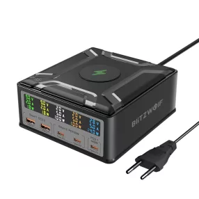   BlitzWolf® BW-S28 260W asztali 5x USB PD+QC3.0 asztali gyorstöltő, 3x Type-C + 2x USB-A + Qi vezeték nélküli töltőport