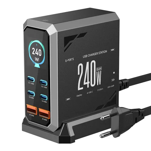 Blitzwolf® BW-S31 240W teljesítményű, 6 portos (4xUSB-C+2xUSB-A) PD asztali gyorstöltő állomás digitális kijelzővel