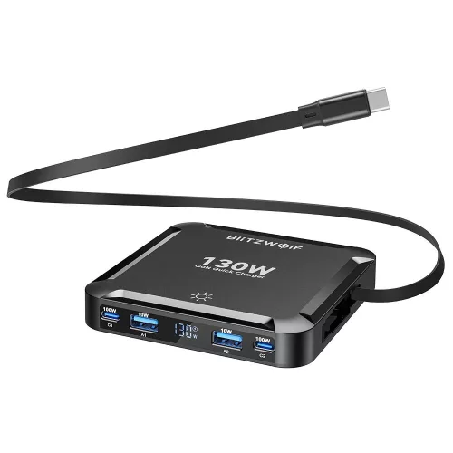 BlitzWolf® BW-S32 - 130W teljesítményű, 5 portos (2xUSB-C+3xUSB-A) PD asztali gyorstöltő állomás digitális kijelzővel