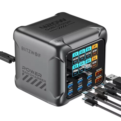 BlitzWolf® BW-S33 - 420W teljesítményű, 8 portos (6xUSB-C+2xUSB-A) PD asztali gyorstöltő állomás digitális kijelzővel