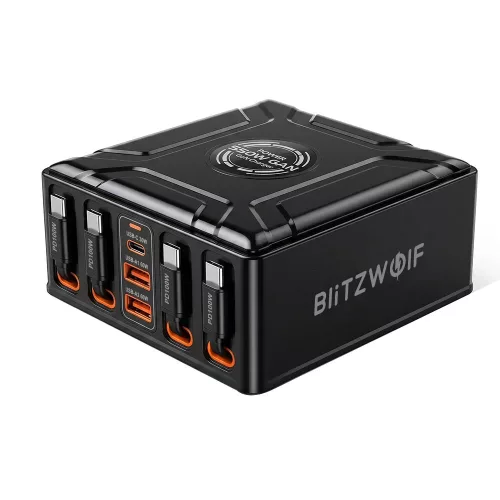 Blitzwolf® BW-S34 - 550W, 7 portos USB PD asztali töltő, behúzható kábellel - 5USB-C+2USB-A QC PD gyorstöltés