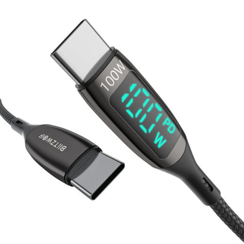 USB Type C - Type C kábel - BlitzWolf® BW-TC23 - 90 cm hossz, LED kijelző, 100W, 20V/ 5A töltési teljesítmény