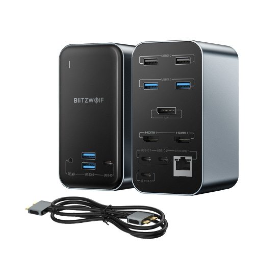 Blitzwolf BW-TH14 USB Hub dokkoló 15 az egyben: tripla 4K HDMI, USB 3.0 5Gbps sebesség, 3.5 Jack, LAN port - Display port