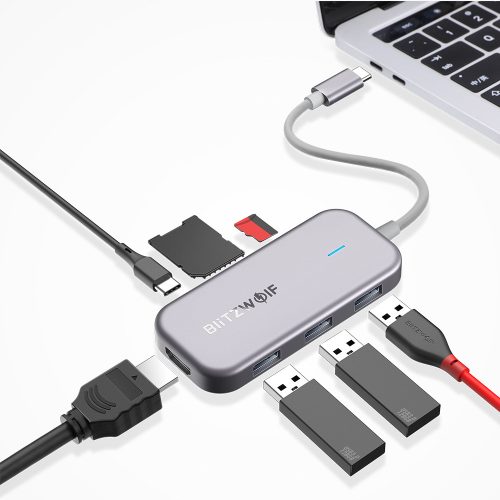 Blitzwolf BW-TH5: 7 az 1-ben: 3x USB 3.0 port, SD kártya olvasó, 4K HDMI kimeneti port, PD töltő (USB Type C) port