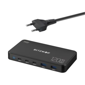   Blitzwolf® BW-i100 GaN 120W asztali USB gyorstöltő, 5 USB port (3x 100W PD3.0 gyorstöltő + 2x 18w USB-A port)