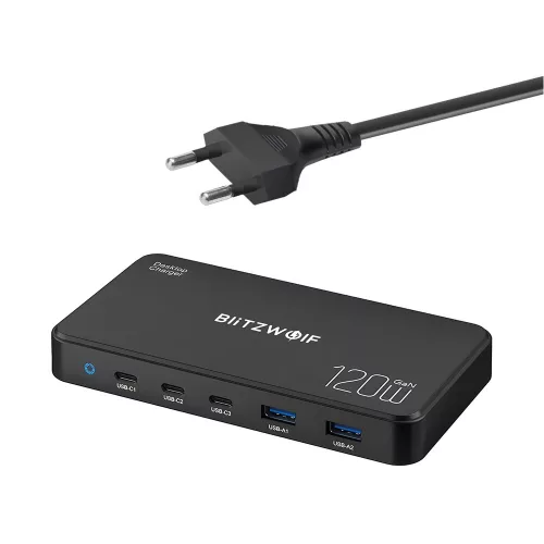 Blitzwolf® BW-i100 GaN 120W asztali USB gyorstöltő, 5 USB port (3x 100W PD3.0 gyorstöltő + 2x 18w USB-A port)