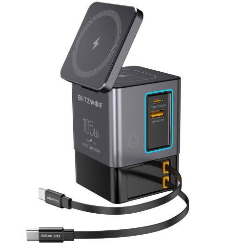Blitzwolf BW-i116 Max - 105W asztali töltőállomás - Beépített, visszahúzható Type-C kábel és vezeték nélküli (Qi) töltés. össz. 6 port