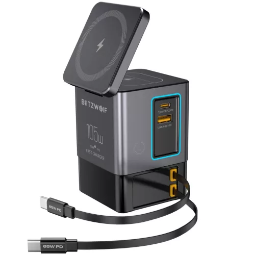 Blitzwolf BW-i116 Max - 105W asztali töltőállomás - Beépített, visszahúzható Type-C kábel és vezeték nélküli (Qi) töltés. össz. 6 port