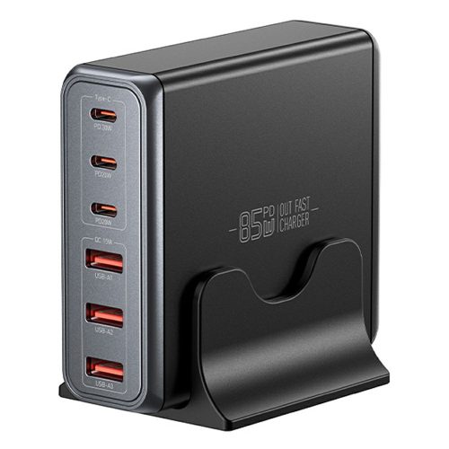 ESSAGER® DK-3C3A-85W - 85 Wattos USB-s asztali gyorstöltő - 6 port (3x Type C + 3x USB-A) Android, Apple és Windows rendszerekhez