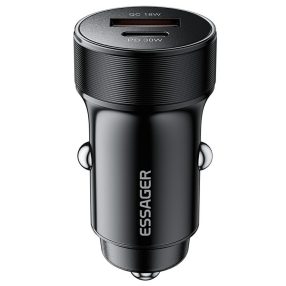   ESSAGER® ES-CC24 PD 30W - alumínium autós töltő. 1x USB-A + 1x USB Type-C gyorstöltő port, intelligens chip - fekete