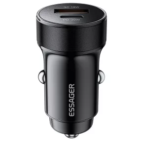   ESSAGER® ES-CC24 PD 30W - alumínium autós töltő. 1x USB-A + 1x USB Type-C gyorstöltő port, intelligens chip - fekete