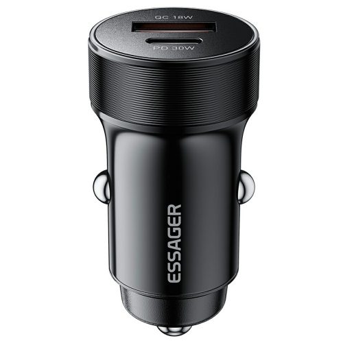 ESSAGER® ES-CC24 PD 30W - alumínium autós töltő. 1x USB-A + 1x USB Type-C gyorstöltő port, intelligens chip - fekete