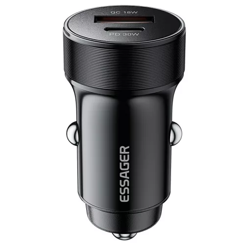 ESSAGER® ES-CC24 PD 30W - alumínium autós töltő. 1x USB-A + 1x USB Type-C gyorstöltő port, intelligens chip - fekete