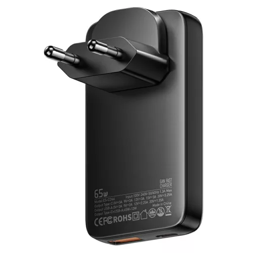 ESSAGER® ES-CD46 - 65 Wattos, Ultra slim USB-s fali gyorstöltő - 2 port (1x Type.C + 1x USB-A) Android, Apple és Windowshoz