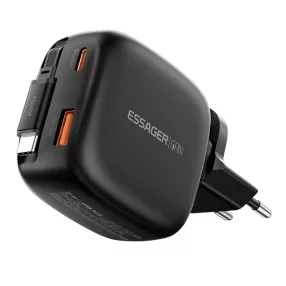   ESSAGER® ES-CD60 - 65 Wattos USB-s fali gyorstöltő, beépített, visszahúzható USB-C kábellel - 2x USB-C port + 1x USB-A