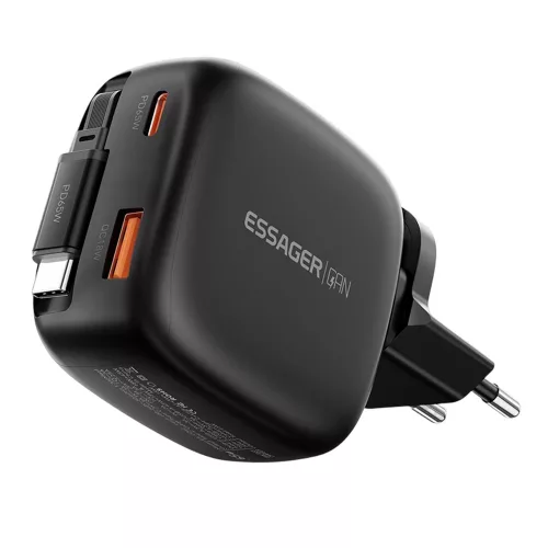 ESSAGER® ES-CD60 - 65 Wattos USB-s fali gyorstöltő, beépített, visszahúzható USB-C kábellel - 2x USB-C port + 1x USB-A