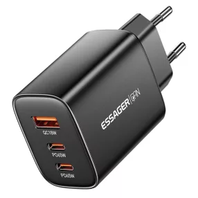   ESSAGER® RC65WCF - 65W-os fali GaN gyorstöltő 2x USB-C + 1x USB-A. Laptophoz. telefonhoz és tabletekhez
