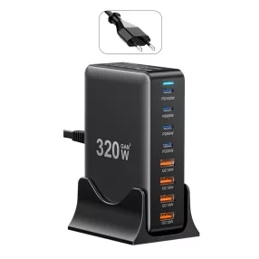   ESSAGER® YMX-320W - 320 Wattos USB-s asztali gyorstöltő - 8 port (4x Type C + 4x USB-A) Android, Apple és Windows rendszerekhez
