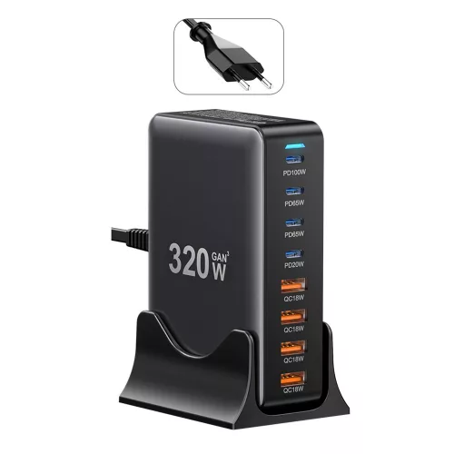 ESSAGER® YMX-320W - 320 Wattos USB-s asztali gyorstöltő - 8 port (4x Type C + 4x USB-A) Android, Apple és Windows rendszerekhez