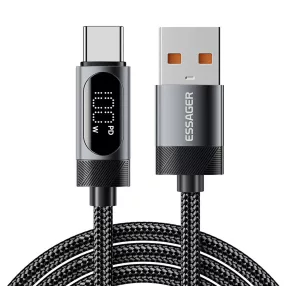   ESSAGER ES-X64 - 2 méter, Type-A - Type-C, USB kábel. Digitális kijelző, 100W töltés, gyöngyvászon borítás