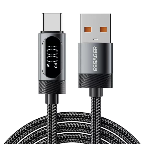 ESSAGER ES-X64 - 2 méter, Type-A - Type-C, USB kábel. Digitális kijelző, 100W töltés, gyöngyvászon borítás
