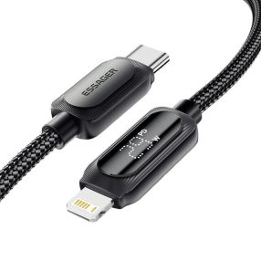   ESSAGER ES-X57 - 1 méter, Type-C - Lightning, USB kábel. Digitális kijelző, 29W töltés, gyöngyvászon borítás