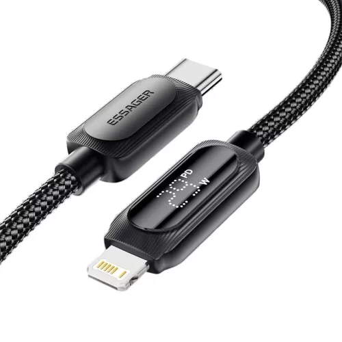 ESSAGER ES-X57 - 2 méter, Type-C - Lightning, USB kábel. Digitális kijelző, 29W töltés, gyöngyvászon borítás
