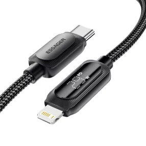   ESSAGER ES-X57 - 3 méter, Type-C - Lightning, USB kábel. Digitális kijelző, 29W töltés, gyöngyvászon borítás