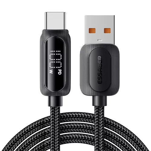 ESSAGER ES-X57 - 1 méter, USB-A - USB Type-C, USB kábel. Digitális kijelző, 100W töltés, gyöngyvászon borítás