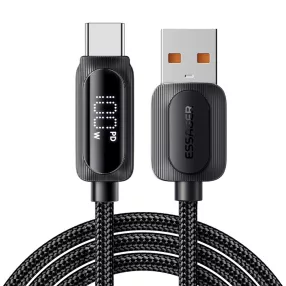  ESSAGER ES-X57 - 2 méter, USB-A - USB Type-C, USB kábel. Digitális kijelző, 100W töltés, gyöngyvászon borítás