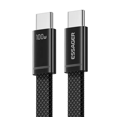 Essager ES-X85 USB-C - USB-C (0.25m) Kábel, 100W PD Gyorstöltő – Extra Rövid, Lapos kialakítás, Fonott Fekete Kábel