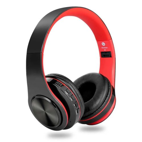 HiGi D-422 - Bluetooth 5.0 fejhallgató - 10 órás működési idő, 40mm-es hangszóró, beépített mikrofon, BT + 3,5 Jack kapcsolat - fekete - piros