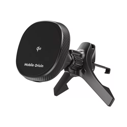 Mobile Origin® CA15 - 15W MagSafe vezeték nélküli autós gyorstöltő + telefon tartó. Lapos ventilátor rácsra rögzíthető.