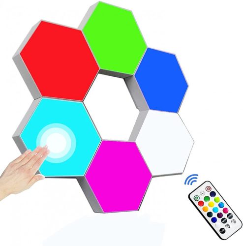 Ningbo Hexagon színes lámpa - 10 db-os, hatszög alakú, RGB színskála, falra ragasztható, távirányítós + érintésérzékeny irányítás