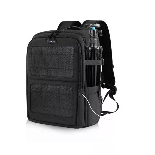 PULUZ Napelemes DSLR fotós hátitáska - 12W töltő teljesítmény,  fotózás kellékek + laptop tároló rekeszek, víz és karcálló szövet
