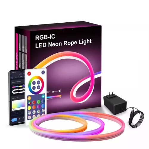RSH® LD05 - SMART, RGB LED Neoncsík - 5 méter, irányítás: Applikáció & távirányító, 16 mill. szín, 4 világítási mód, falra ragasztható