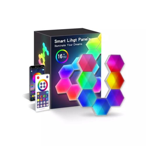 RSH® QG06 - Okos Hexagon színes (RGB) fali lámpa - 6 db-os, Applikációs + távirányítós irányítás, hatszög alakú, RGB színskála, falra ragasztható