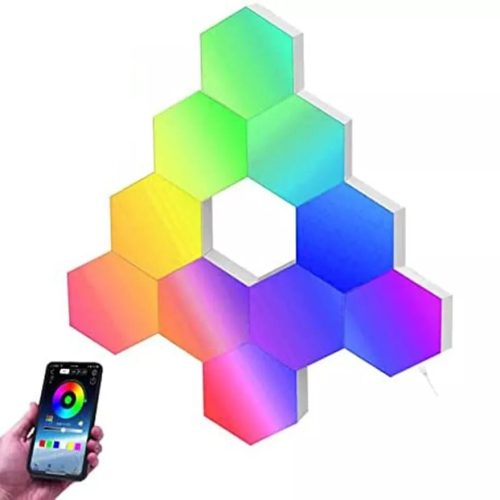 RSH® QG10 - Okos Hexagon színes (RGB) fali lámpa - 10 db-os, Applikációs + távirányítós irányítás, hatszög alakú, RGB színskála, falra ragasztható