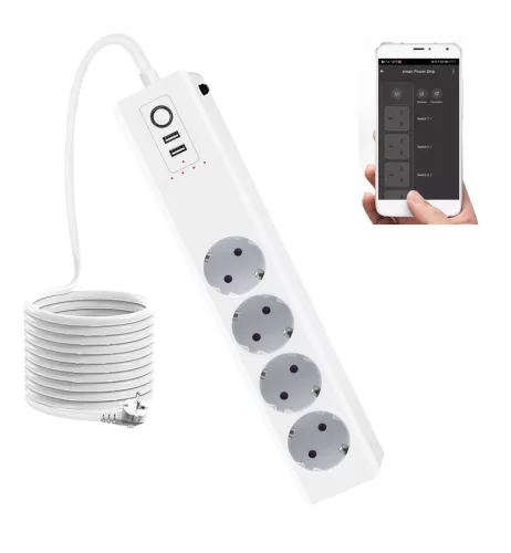 RSH® WT012-EU - SMART okos elosztó: 4x külön vezérelhető aljzat + 2x USB töltő. Túlfeszültség ellen védett, Applikációs irányítás